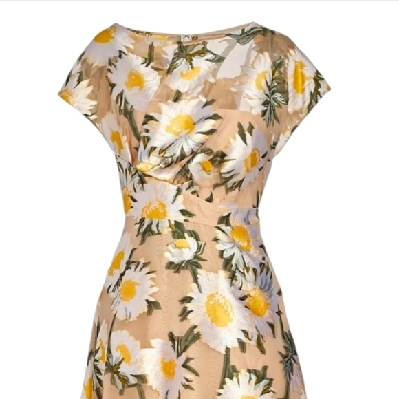 Lela Rose Sunflower Print Beige Midi Dress Boatneck Draped Bodice MSRP $1890 NWT - Picture 12 of 15